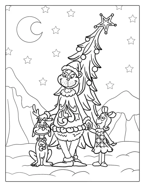 El Grinch, Max y Cindy Lou posan juntos en una escena navideña.