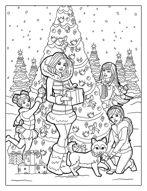 Barbie karácsonyi díszek között látható.