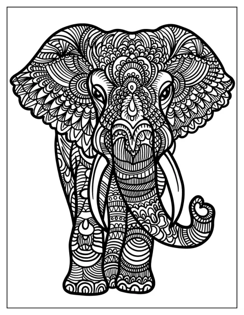 Un elefante de gran tamaño muestra patrones detallados de zentangle.