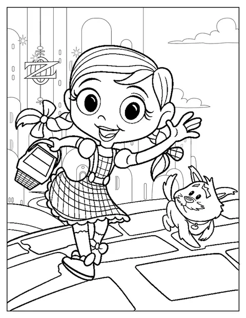 Dorothy segura Toto ao colo numa cena de estilo kawaii.