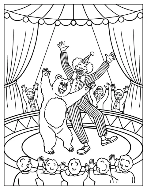 Un osito baila junto a un payaso.