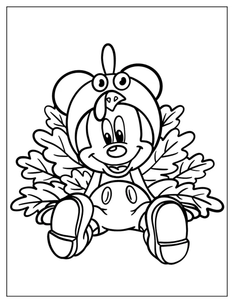Micky Maus trägt ein niedliches Truthahnkostüm und feiert Thanksgiving.