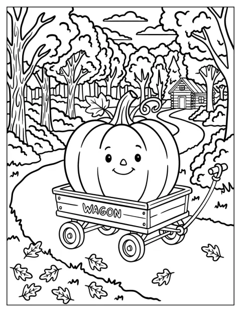 漫画風のかぼちゃが、荷車に乗っています。