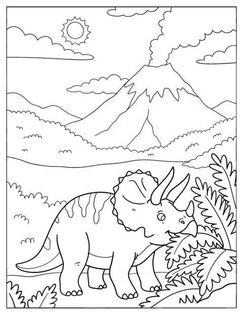 Egy Triceratops páfrányt eszik a kitörő vulkán közelében.