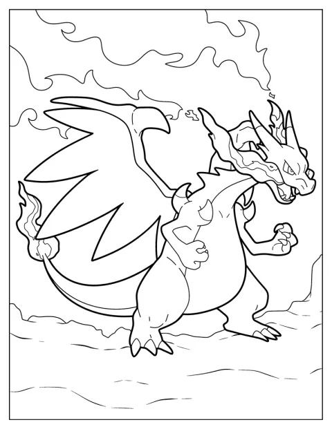 Charizard lanza una llamarada por la boca.