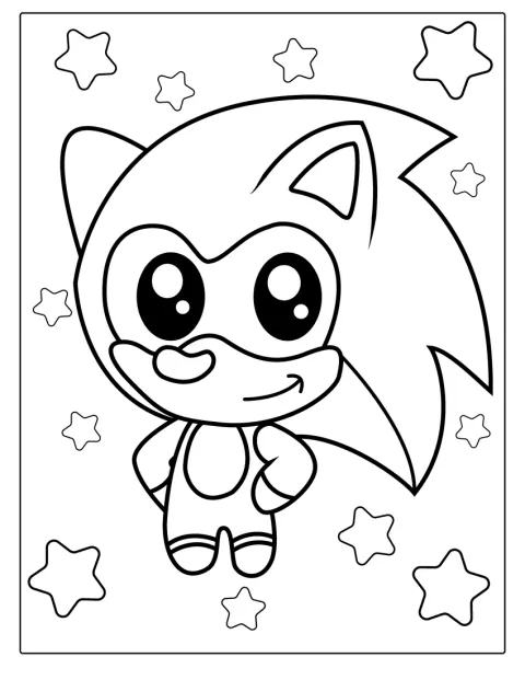 Sonic je zobrazený v roztomilém stylu kawaii.