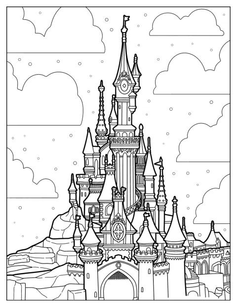 Prinsessa Ruususen yksityiskohtainen linna kohoaa Disneylandin maisemassa.