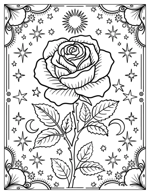 En ros pryder ett tarotkort med elegant ram och glittrande gnistor.