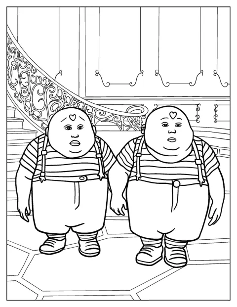 Postacie Tweedledumów stoją obok siebie w Krainie Czarów.