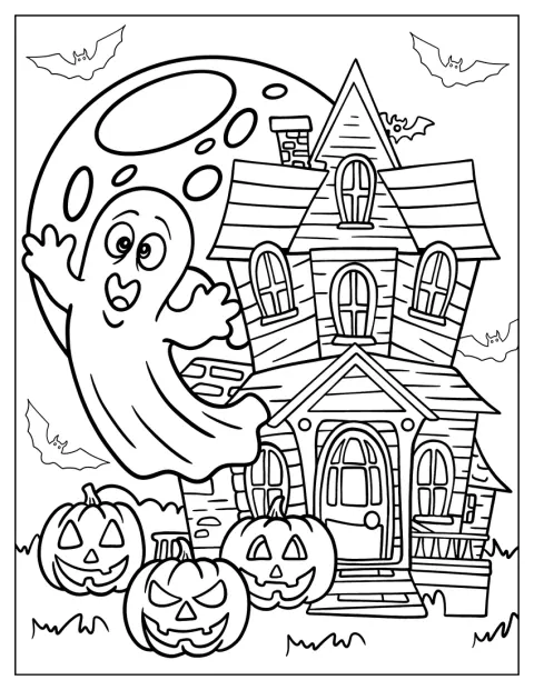 Et spøgelse svæver uden for et hjemsøgt hus på Halloween.