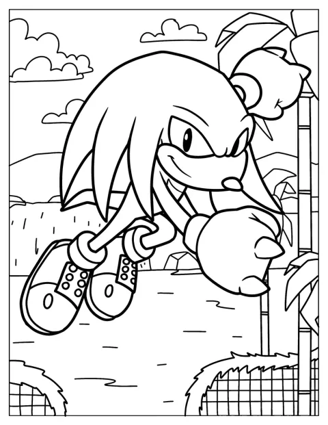 Knuckles sare prin aer, cu pumnii pregătiți.