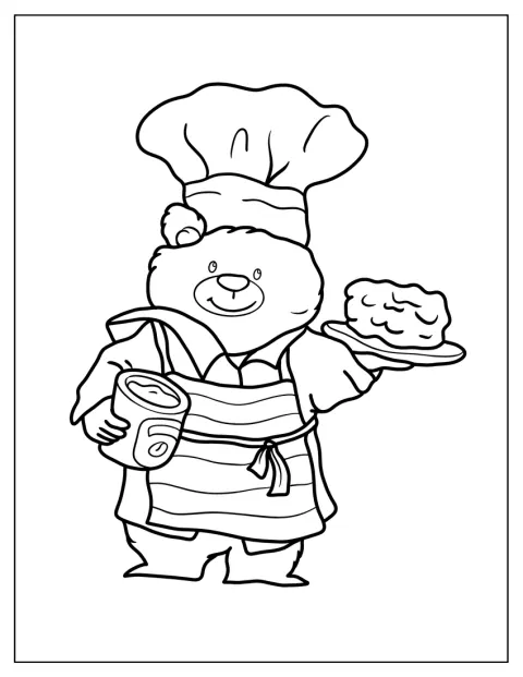 Séfsapkában Paddington egy tortát és egy üveg marmeládét visz.