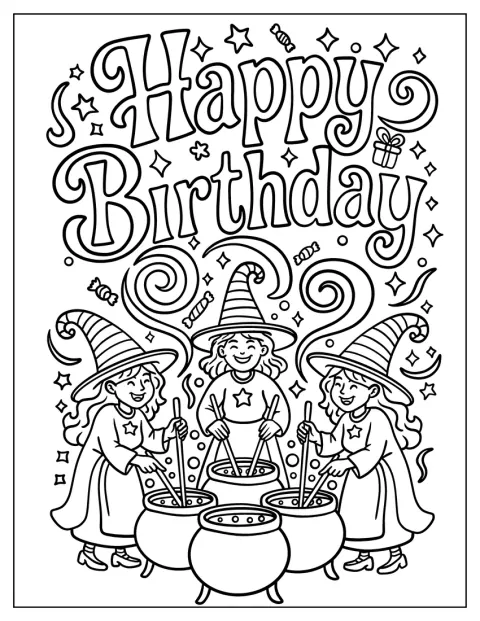 Happy Birthday Coloring Page with Laughing Witches Stirring Cauldrons
