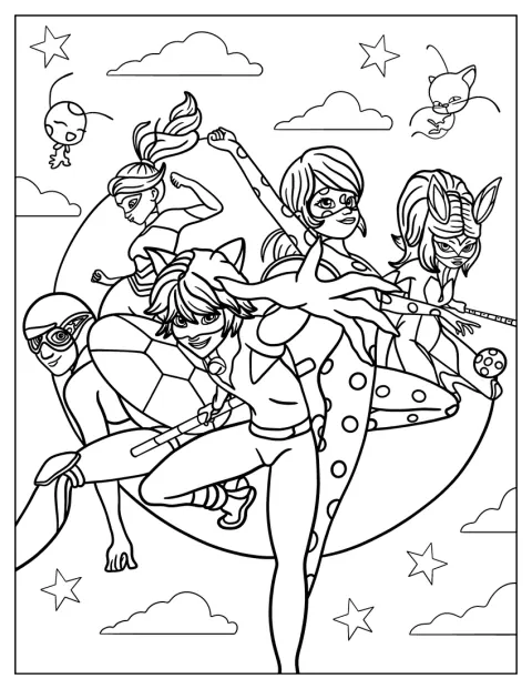 Ladybug, Cat Noir, Rena Rouge, Queen Bee e Carapace posam juntos.