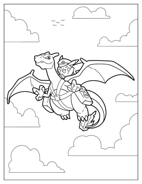 Charizard letí s balíčkem a Pikachu mu sedí na zádech.