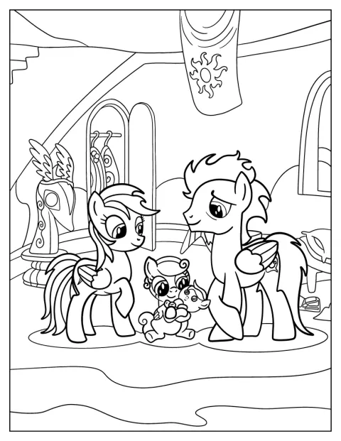 Rainbow Dash a Soarin jsou se svým malým hříbětem.