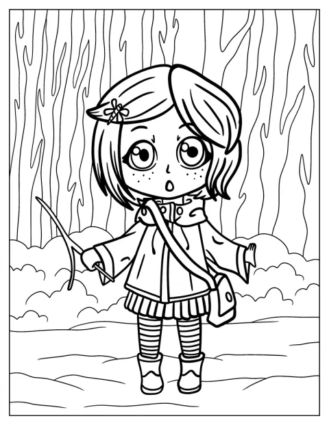 Chibi Coraline håller en kluven pinne i handen.
