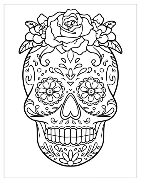 Ein lächelnder Totenkopf ist von Rosen und Blättern umgeben.