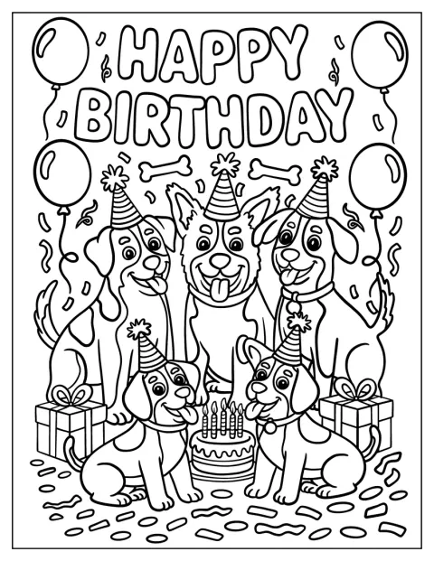 Unos perros con gorros festivos posan junto a una tarta y globos.