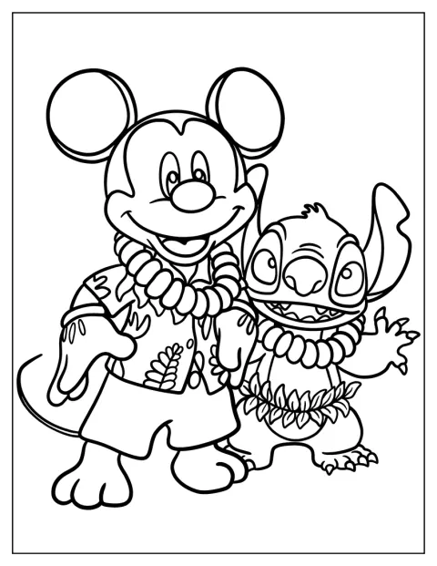 Mickey Mouse și Stitch poartă haine de plajă.
