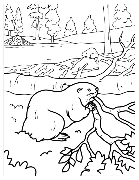 Un grand castor ronge les branches d’un arbre.
