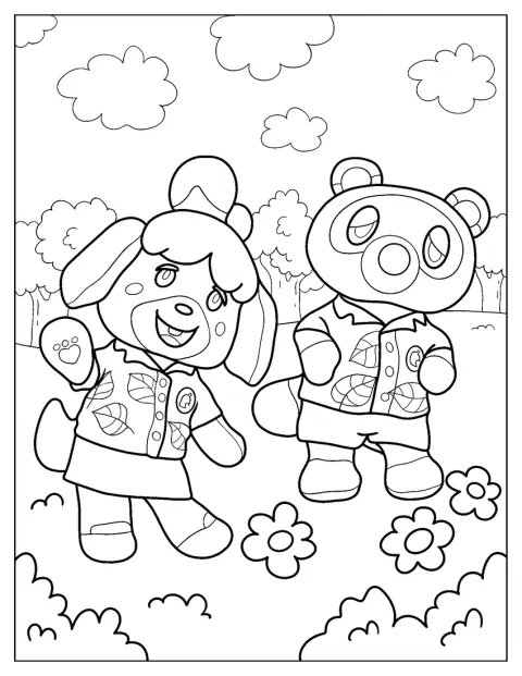 Isabelle és Tom Nook nyári öltözékben élvezik a napsütést.