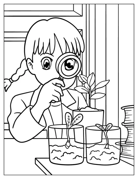Een wetenschapper bekijkt een plant van dichtbij met een vergrootglas.