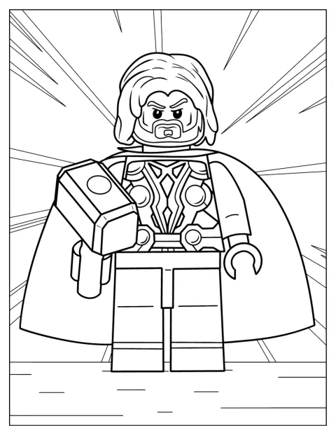 Thor aparece como uma figura LEGO, com o seu traje e acessórios.