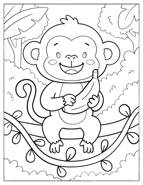 En liten ape holder en banan i hendene.