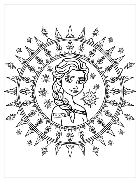 Elsa w królewskiej sukni znajduje się pośrodku zimowej mandali.