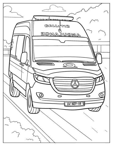 Vue de face, une ambulance fonce sur la route.