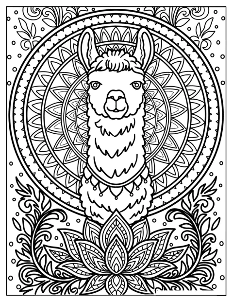Ein Lama sitzt entspannt vor einer Lotusblüte und einem Mandala-Hintergrund.