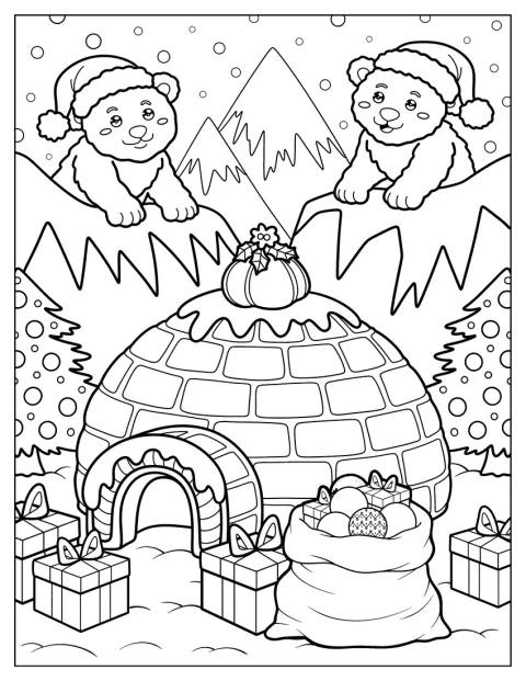Igloo Gingerbread House Coloring Page Surrounded by Presents and Polar Bear Cubs