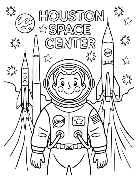 Un astronauta visita il Houston Space Center mentre i razzi partono verso il cielo.