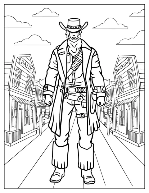 Um cowboy de aspeto assustador encontra-se numa paisagem do Oeste Selvagem.