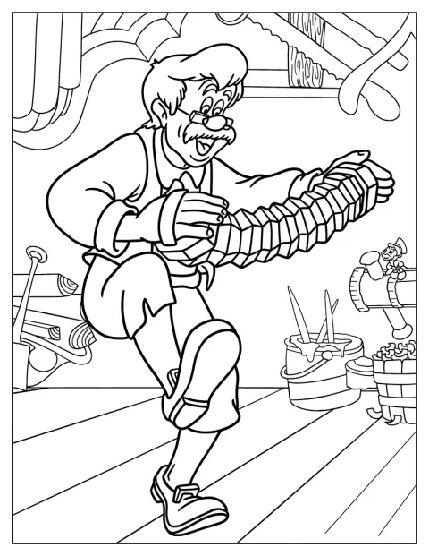 Geppetto toca acordeão, sentado e concentrado na música.