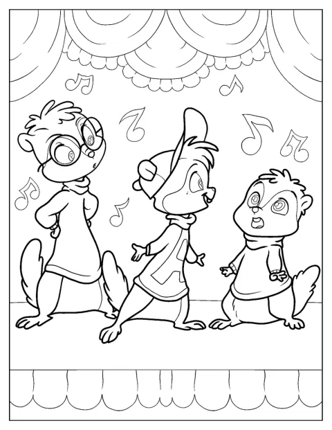 Les trois tamias, Alvin, Simon et Théodore, chantent ensemble.