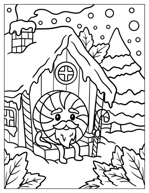 Et stykke snoet slik ligger udenfor et lille hus i vinterlandskabet.
