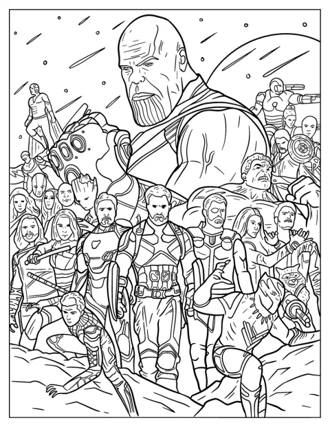 Thanos står tillsammans med hela Avengers-gänget i en stor gruppbild.
