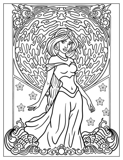 Disneyprinses Jasmine staat sierlijk afgebeeld.