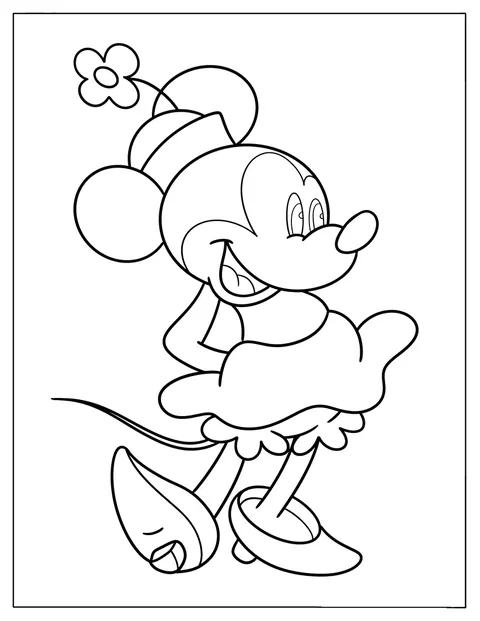 Minnie Mouse v klasickém oblečení stojí s rukama v bok.