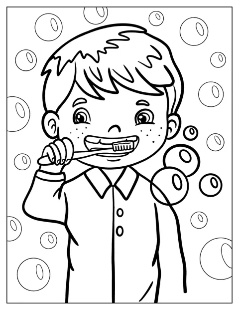 かわいい男の子が、歯ブラシで歯をみがいています。