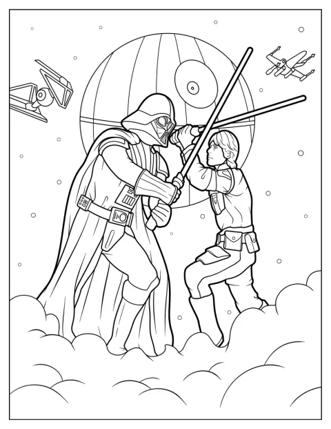 Framför Dödsstjärnan möts Darth Vader och Luke Skywalker i strid.