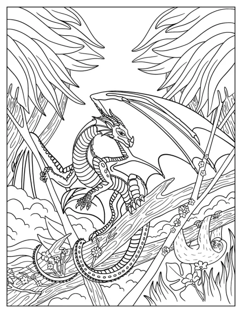 Glory, dragonne des Royaumes de feu, se repose sur une branche d’arbre.
