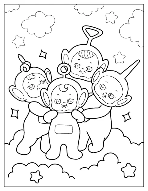 Bebés Teletubbies flutuam entre nuvens no céu.