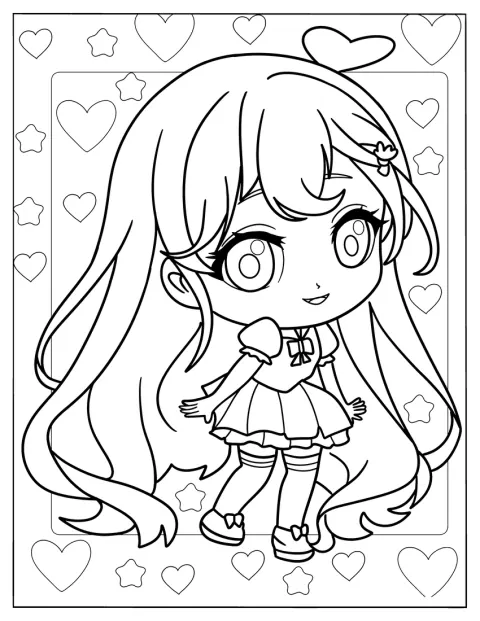 ちびキャラの女の子が、短いドレスとハイソックスを身につけています。