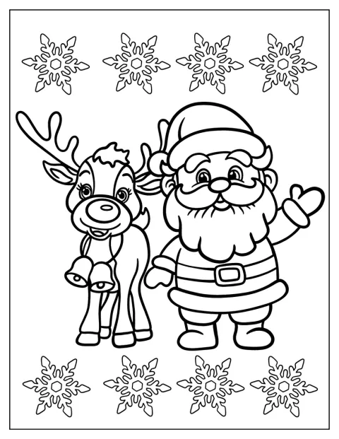 Rudolph steht neben dem winkenden Weihnachtsmann.