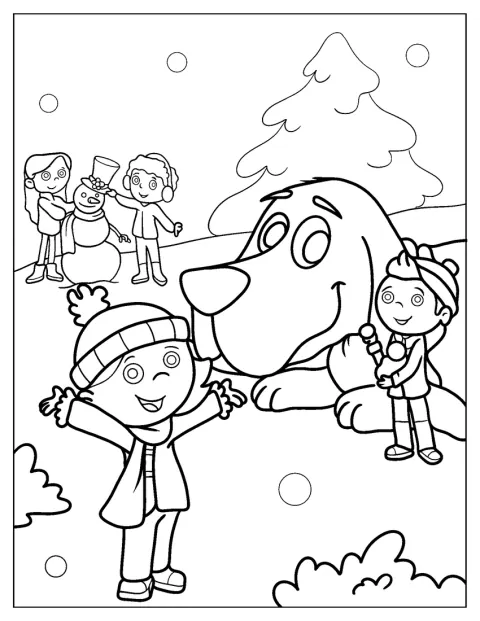 子どもたちがクリフォードと一緒に、クリスマスをお祝いしています。
