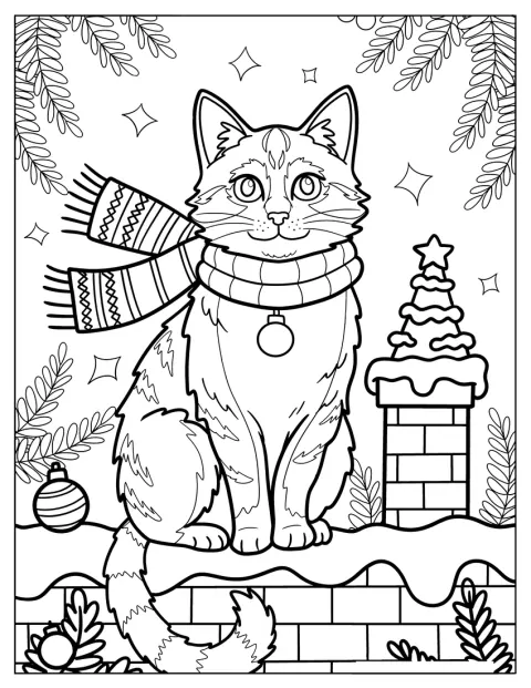 マフラーを巻いた猫が、雪の積もる屋根で煙突のそばに座っています。