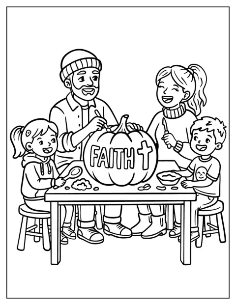 Une famille chrétienne sculpte une citrouille pour Halloween.